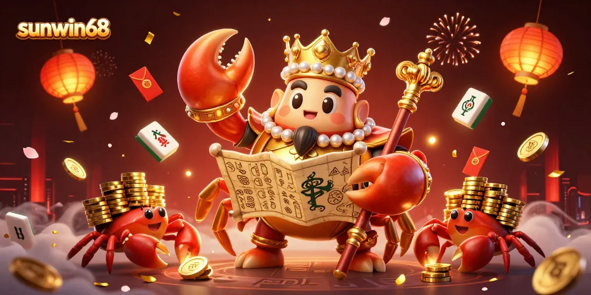 Experience thrilling gaming moments with sunwin68's vibrant 3D illustration showcasing a golden crab emperor surrounded by festive elements.