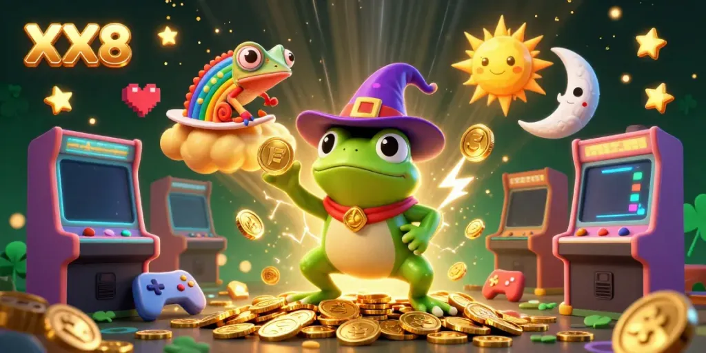 Engage with the vibrant world of XX8, where a wizard frog conjures golden coins in an enchanting online casino.