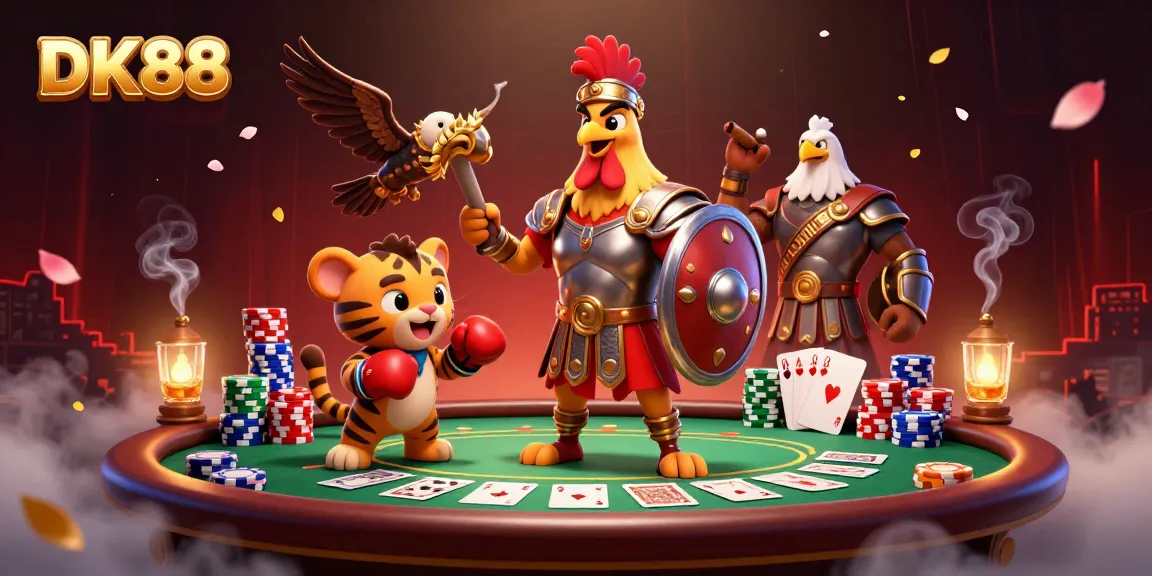 Experience thrilling poker challenges at DK88 with a vivid 3D casino scene showcasing action and excitement.