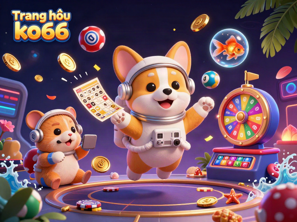 Engage with exciting games at Trang chủ ko66, where an astronaut corgi floats amidst casino elements.