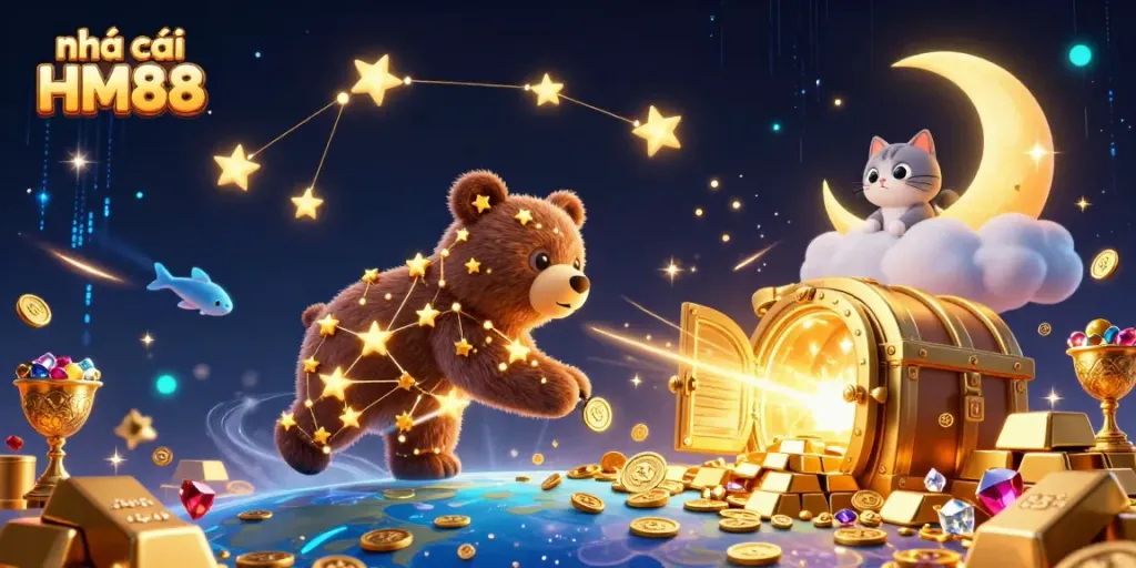 Experience the thrill of nhà cái HM88 as golden treasures surround a constellation bear, symbolizing the vibrant gaming world.