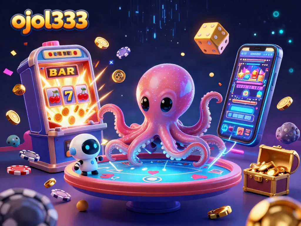 Engage with the thrilling action of ojol333 at a holographic poker table with alien characters in a vibrant casino atmosphere.