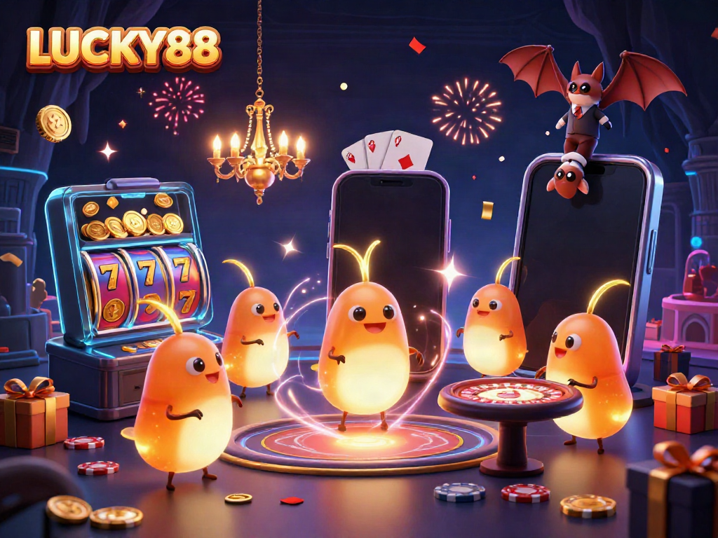 Experience the excitement of LUCKY88 with glowing glowworms illuminating a vibrant cave casino.
