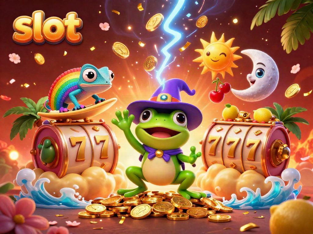 Experience the thrill of slot games with a dynamic scene of a wizard frog, chameleon, and magical coins.