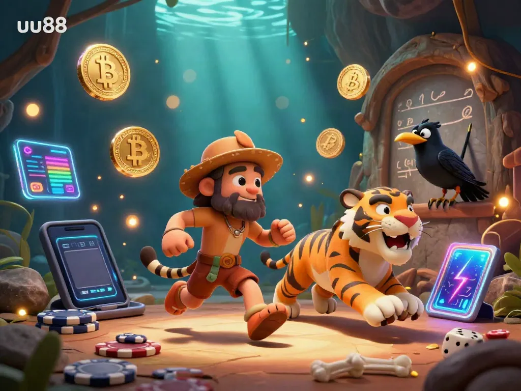 Experience exhilarating gameplay at uu88 with a vibrant 3D casino scene featuring prehistoric characters and glowing cryptocurrency elements.
