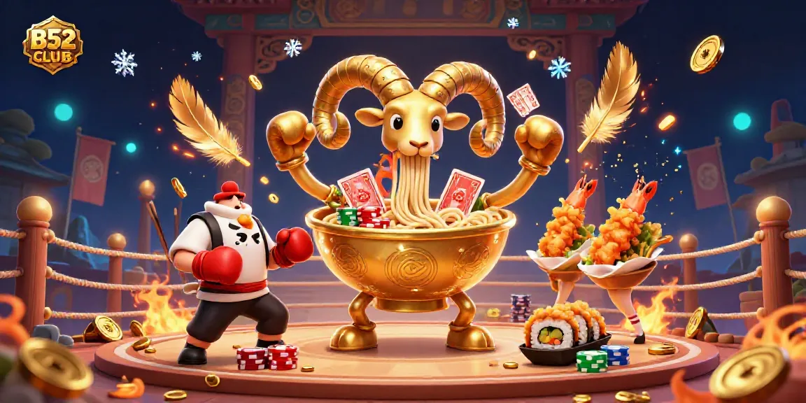 B52 CLUB characters including a golden ramen bowl dealer, a boxing gyoza sidekick, and sushi roll dealer create a lively casino scene.