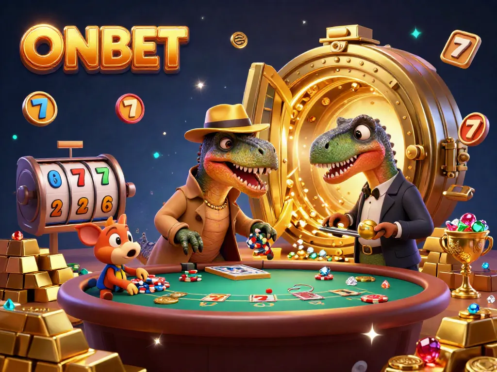 ONBET's lively casino scene features a velociraptor card counter and a suspicious pit boss amidst gold treasures and casino excitement.