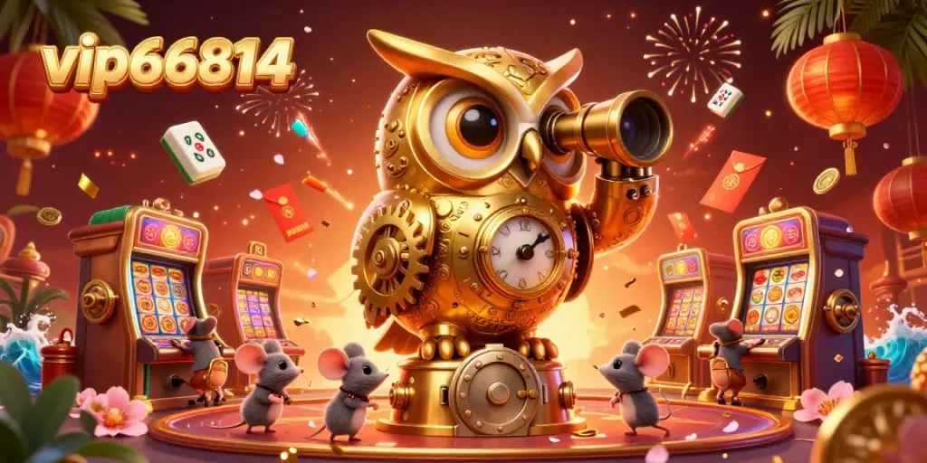 Engaging customers at vip66814, a stunning illustration of a golden owl overseeing a casino scene filled with excitement.