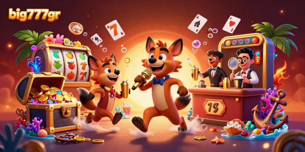 Join the fun at big777gr's vibrant 3D casino scene featuring hyena characters in action.