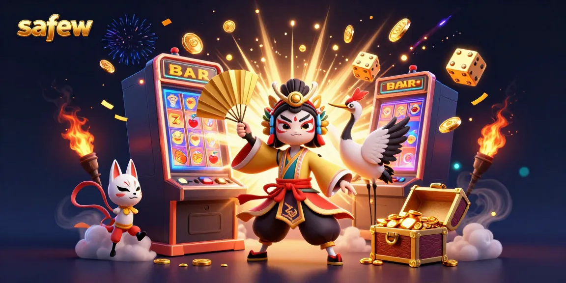 Experience winning moments with safew in a vibrant casino scene featuring kabuki characters and slot machine.