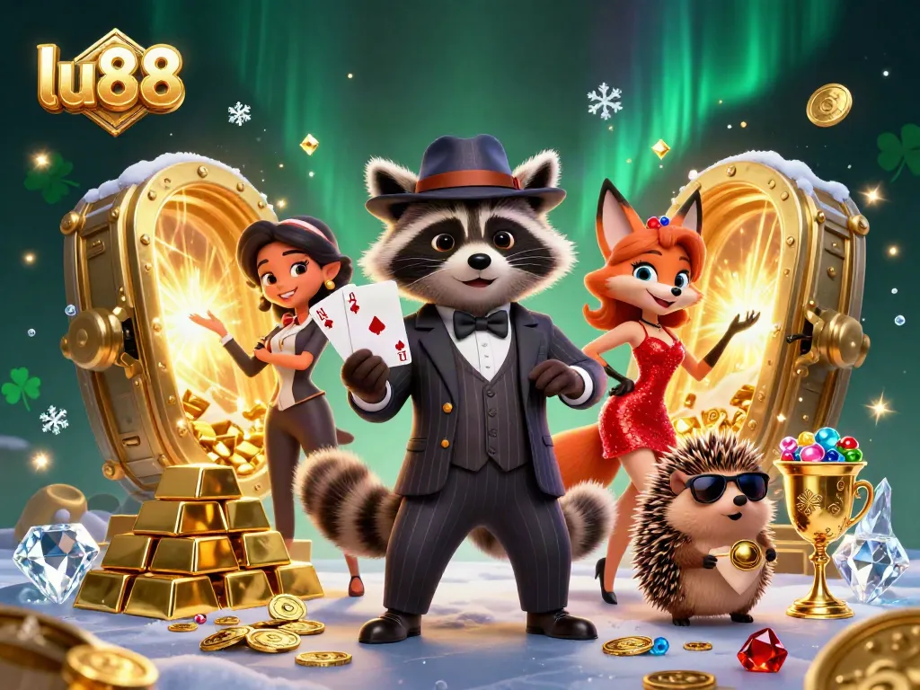 Experience the thrill of winning at lu88 with a suave raccoon, elegant fox, and dynamic casino elements.