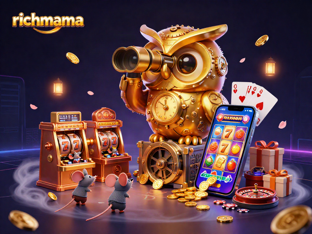 Spin and win in the vibrant richmama online casino, featuring a golden owl and dynamic games.