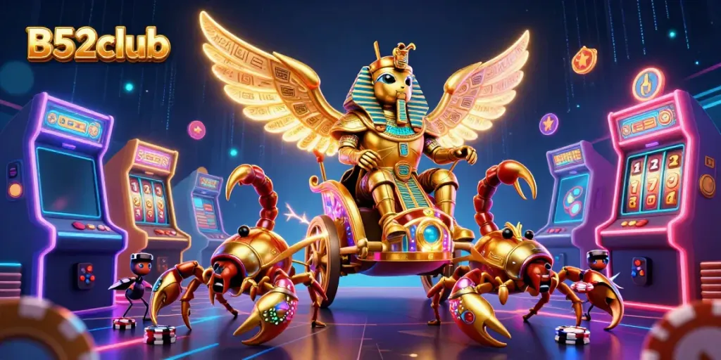 Engage with B52club's vibrant gaming scene featuring a whimsical golden scarab, scorpions, and poker chips.