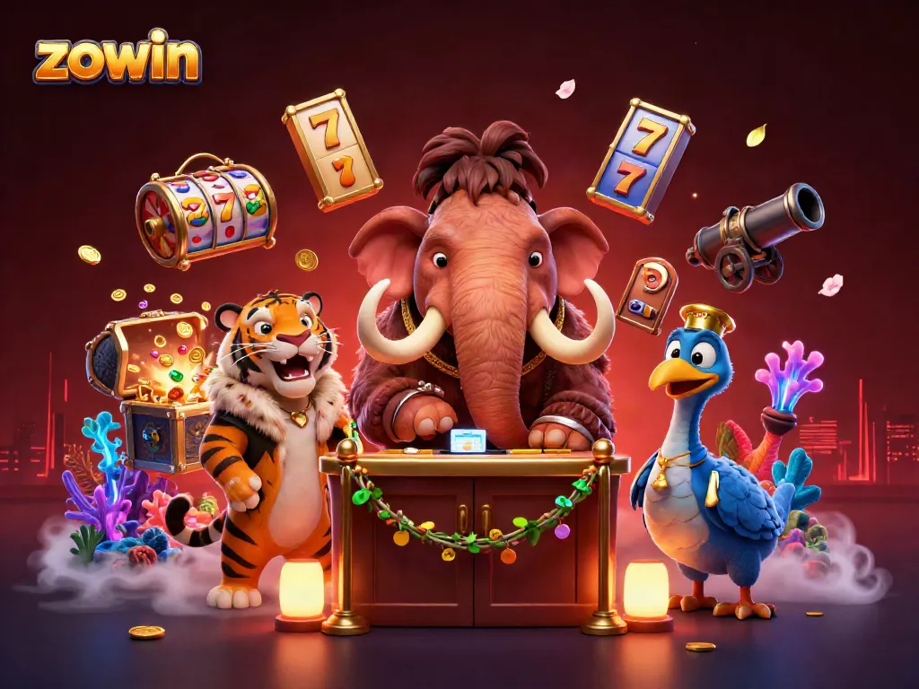 Zowin presents a captivating scene with a mammoth bouncer and extravagant casino elements.