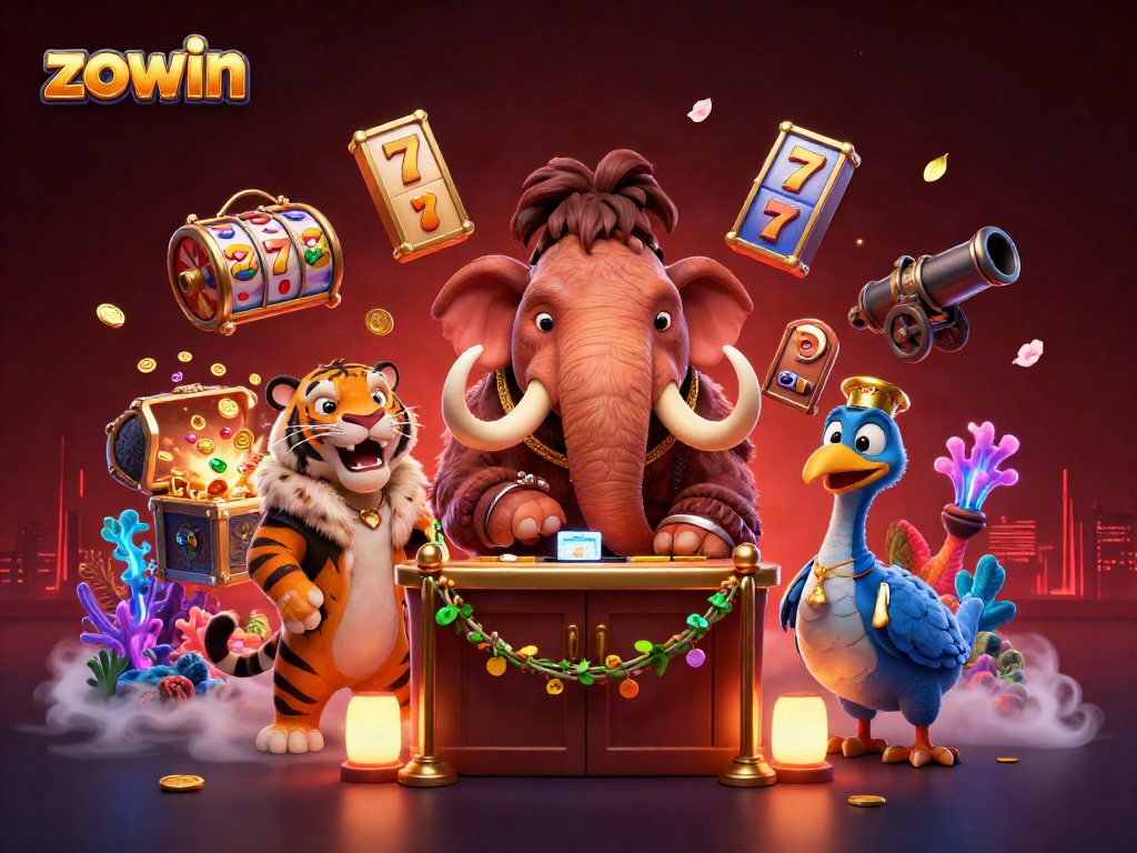 Zowin presents a captivating scene with a mammoth bouncer and extravagant casino elements.