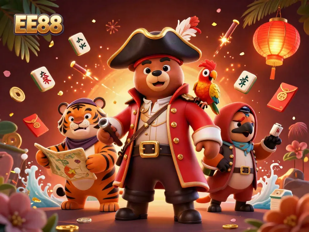Engage with EE88 as cartoon characters celebrate gambling excitement amid festive decorations.