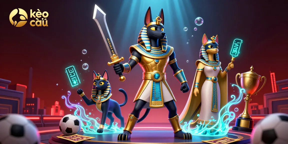 Immerse yourself in kèo nhà cái sports betting action with Anubis and Bastet surrounded by vibrant game elements.