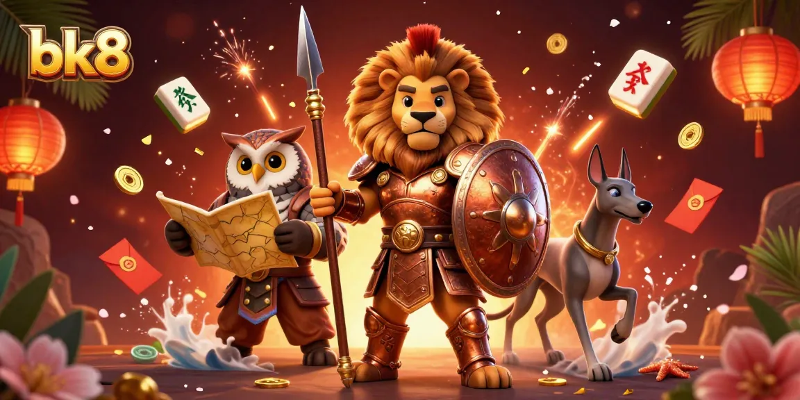 Experience thrilling action at bk8 with a vibrant 3D casino scene featuring a Spartan lion, owl strategist, and greyhound messenger.