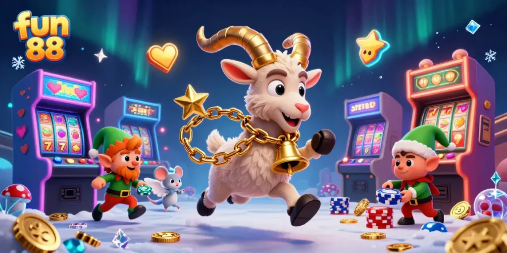 Engage in fun 88 with festive Krampus running an exciting casino scene filled with vibrant games and characters.