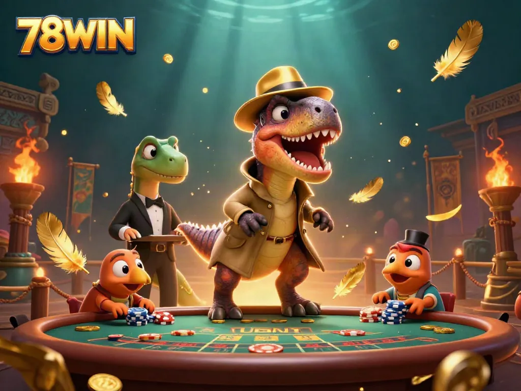 Engaging scene with 78WIN velociraptor card counter, stegosaurus pit boss, and compy pickpocket in a dynamic casino atmosphere.