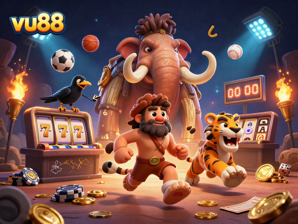 Experience the vibrant gaming scene at vu88 with caveman and tiger in a prehistoric casino!