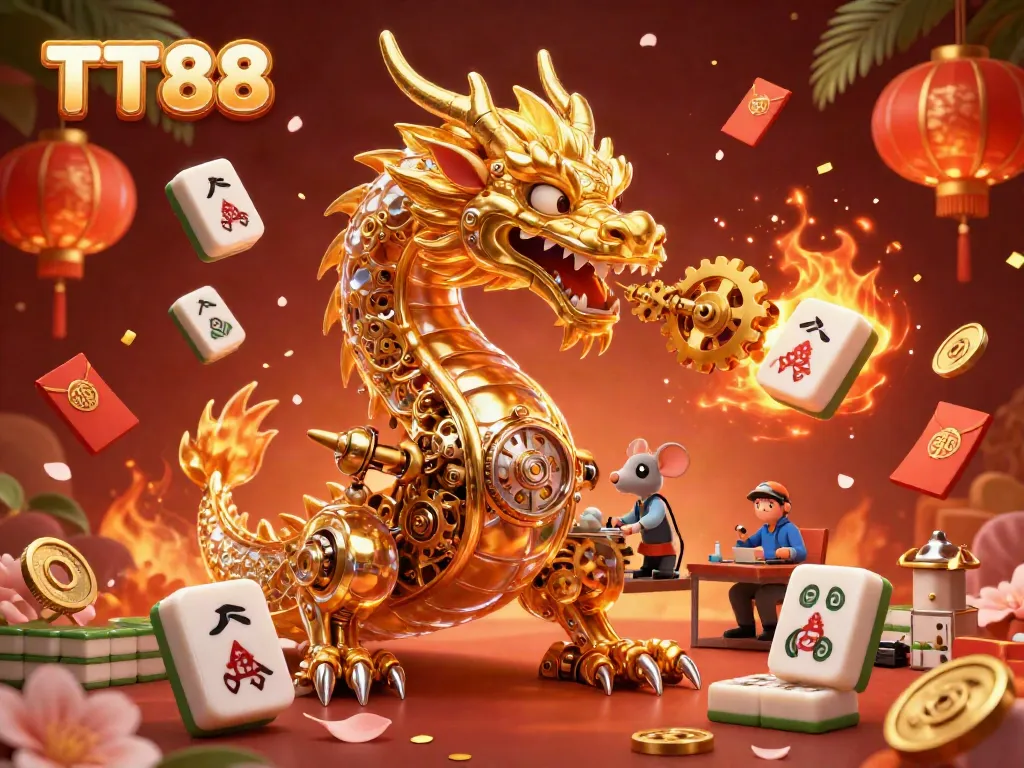 TT88 showcases a dynamic golden dragon scene breathing gears and cogs, symbolizing excitement in gambling.