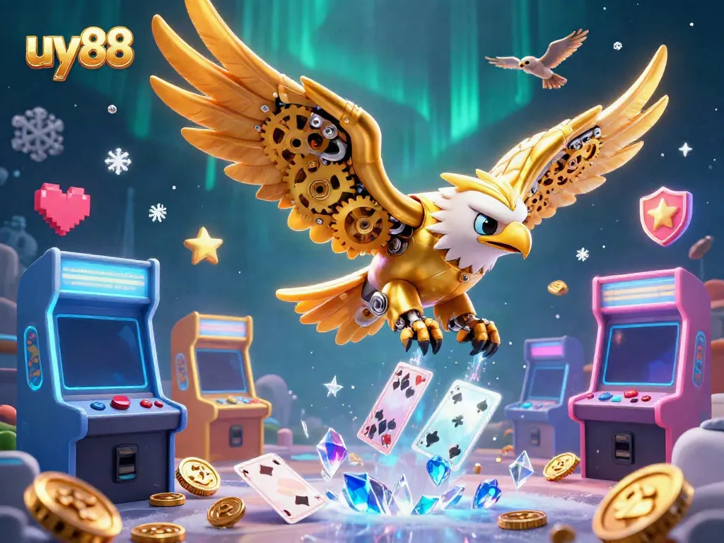 Experience the excitement at uy88 with a 3D cybernetic eagle and holographic casino elements.