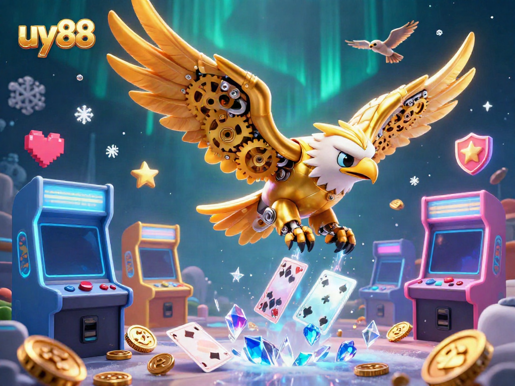 Experience the excitement at uy88 with a 3D cybernetic eagle and holographic casino elements.