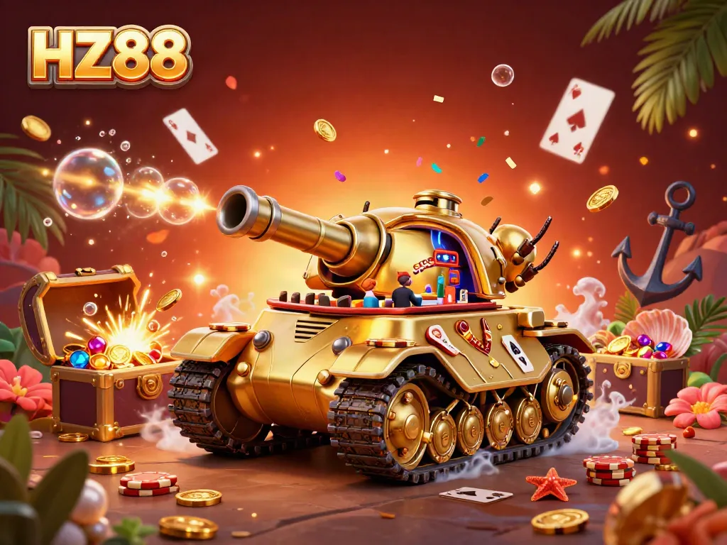 Experience exhilarating gaming at HZ88 with a vibrant 3D casino scene filled with treasures and excitement.