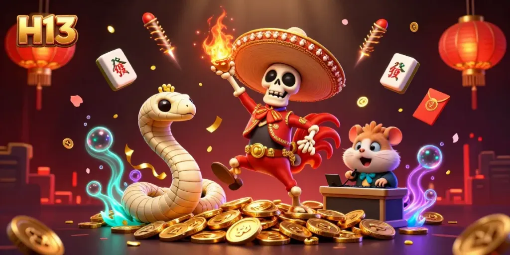 Experience the excitement of H13 with a lively 3D scene of a mariachi rooster and friends amidst vibrant casino elements.