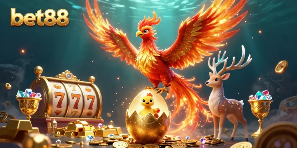 Experience the excitement of bet88 with a phoenix rising and glimmering treasures in this dynamic illustration.