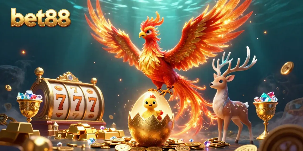 Experience the excitement of bet88 with a phoenix rising and glimmering treasures in this dynamic illustration.