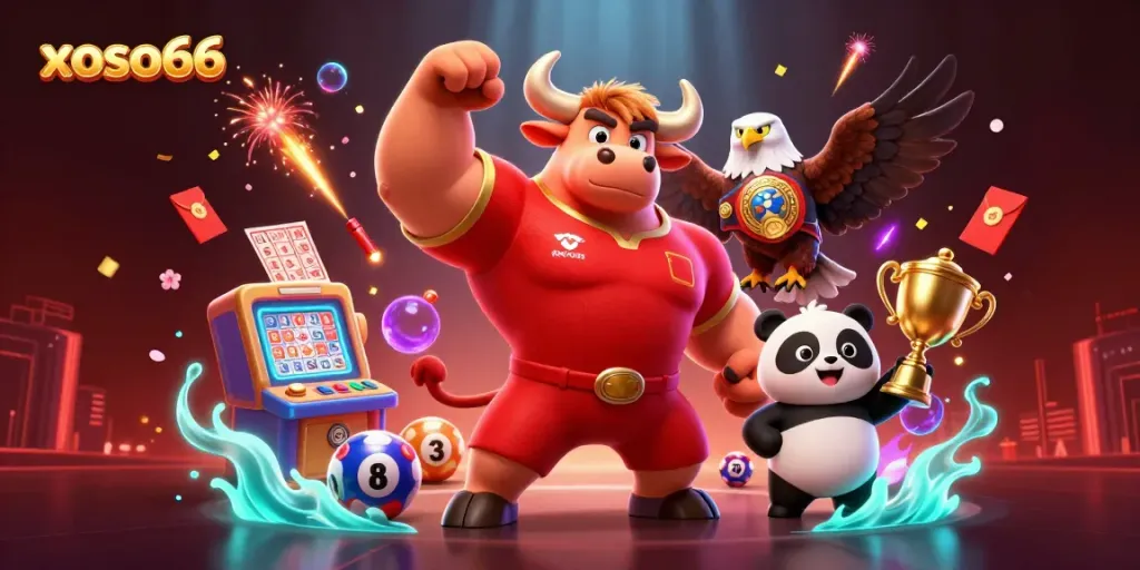 Engage with xoso66 as a cheerful panda wins a lottery trophy amidst vibrant festive elements.