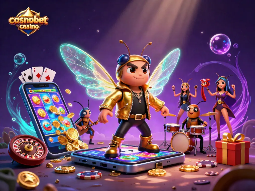 Experience excitement at cosmobet casino with a vibrant 3D scene of a rock star cicada and gaming elements.