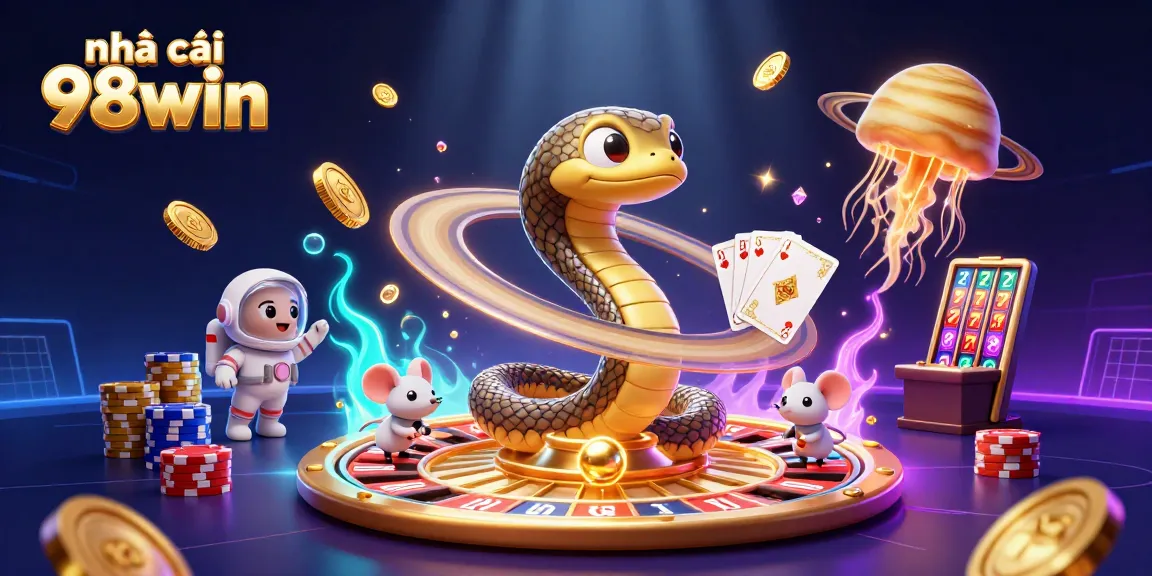 Experience vibrant 3D illustration of nhà cái 98win with cosmic characters and exciting betting action