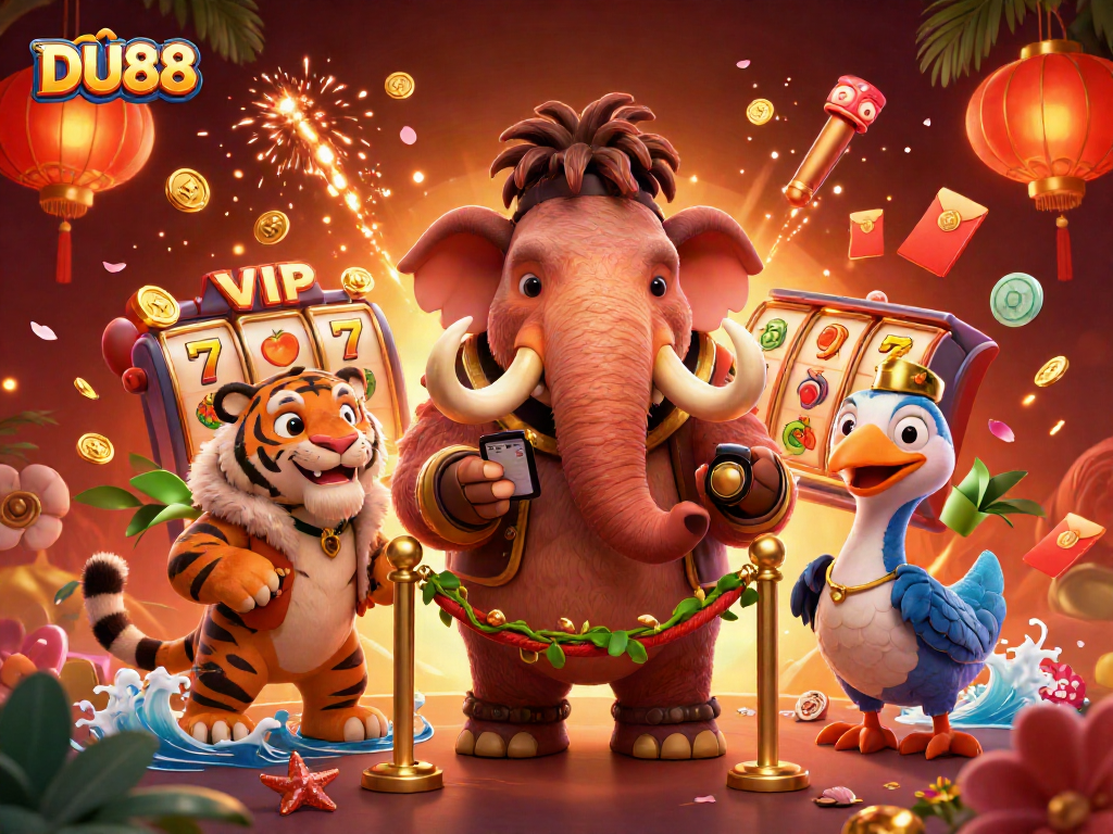 Experience the vibrant DU88 casino scene with a mammoth bouncer and golden slot reels.