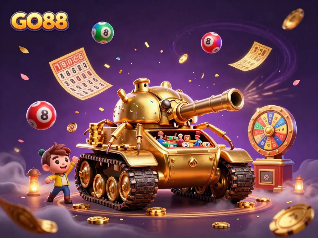 Engage with GO88's vibrant casino experience, featuring a golden beetle tank brimming with games and excitement.