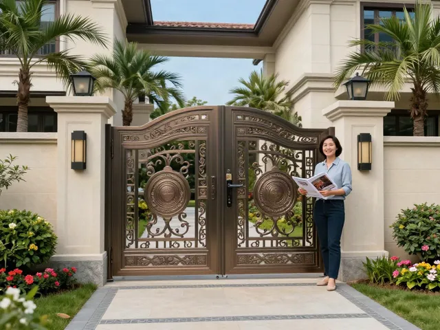 Custom villa gates beautifully designed and installed in a luxury home setting with vibrant landscaping.