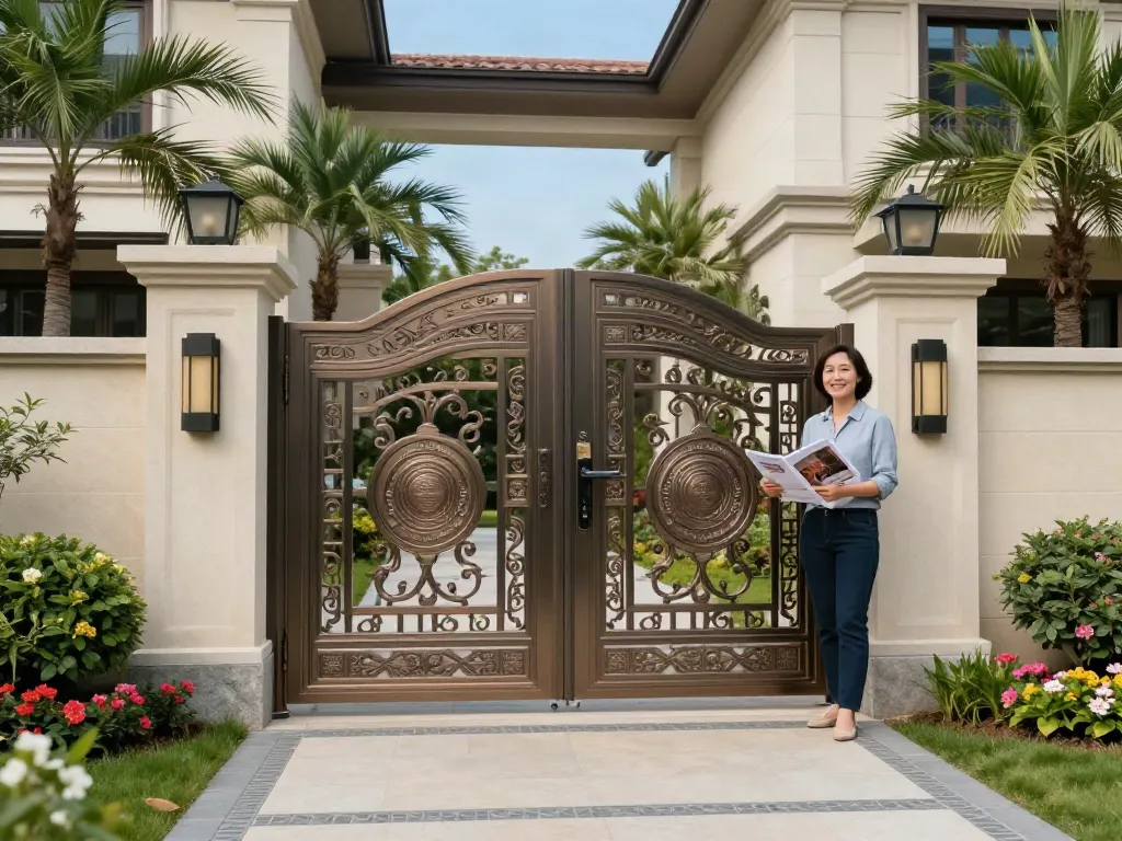Custom villa gates beautifully designed and installed in a luxury home setting with vibrant landscaping.