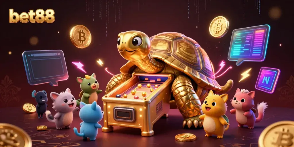 Experience exhilarating gaming action with bet88 featuring a golden tortoise pinball machine and vibrant crypto elements.