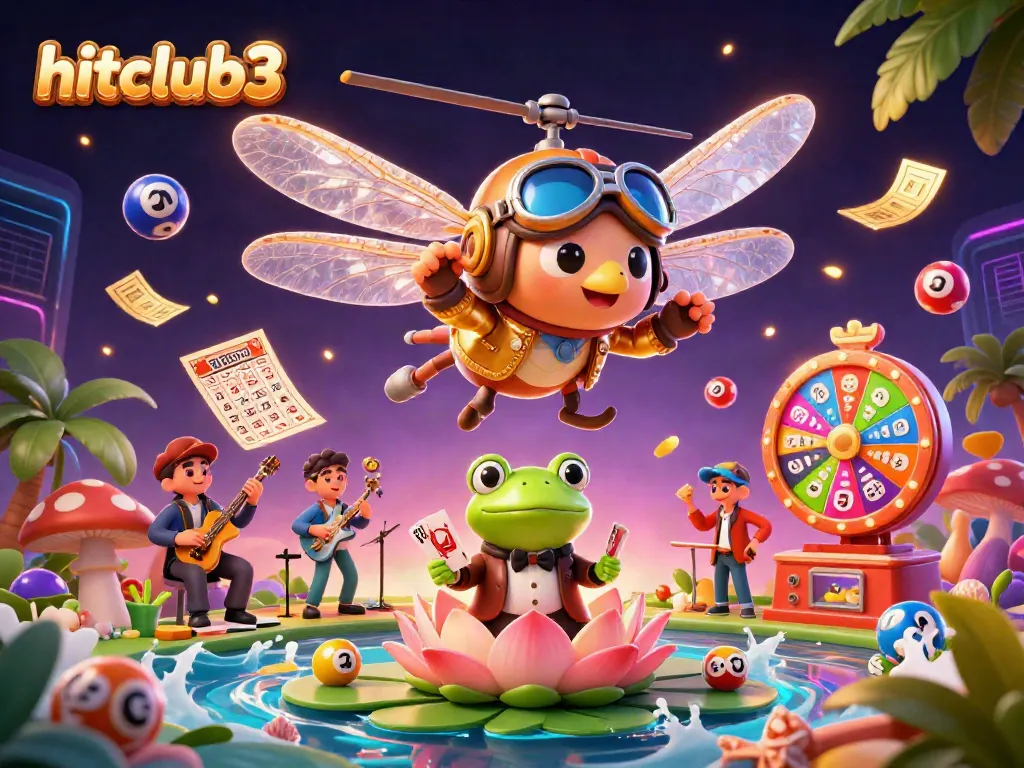 Experience excitement with hitclub3 at a vibrant lily pad casino scene filled with dynamic gambling elements.