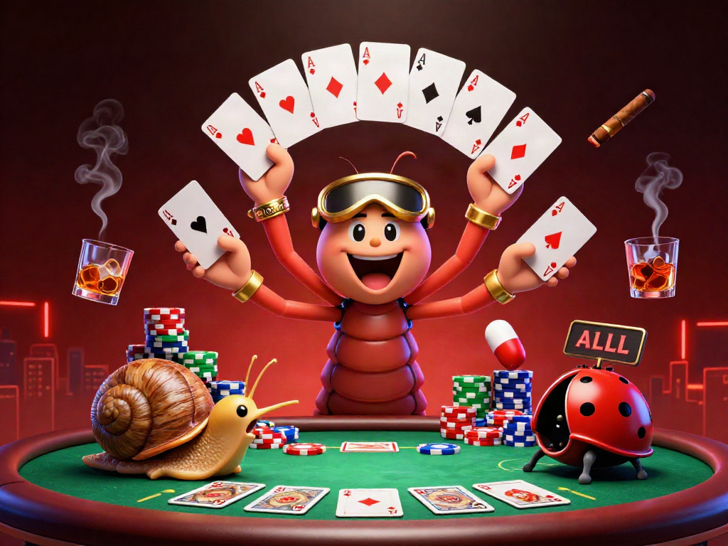RED88 cartoon scene with a vibrant 3D dealer and snail high-roller amid colorful poker chips and cards.