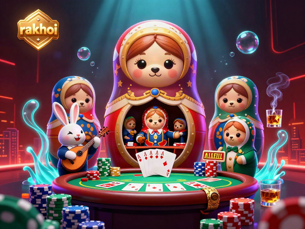 Experience the thrill of rakhoi with a lively 3D scene of cartoon bears and gambling elements.