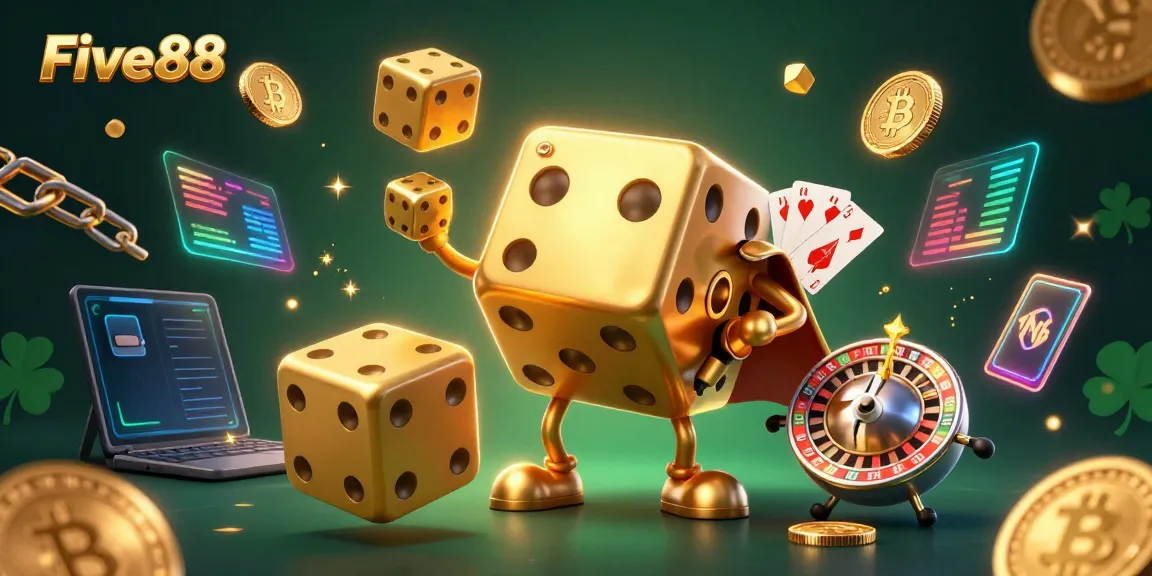 Engage with Five88 as golden dice come alive in a vibrant casino scene filled with crypto elements.