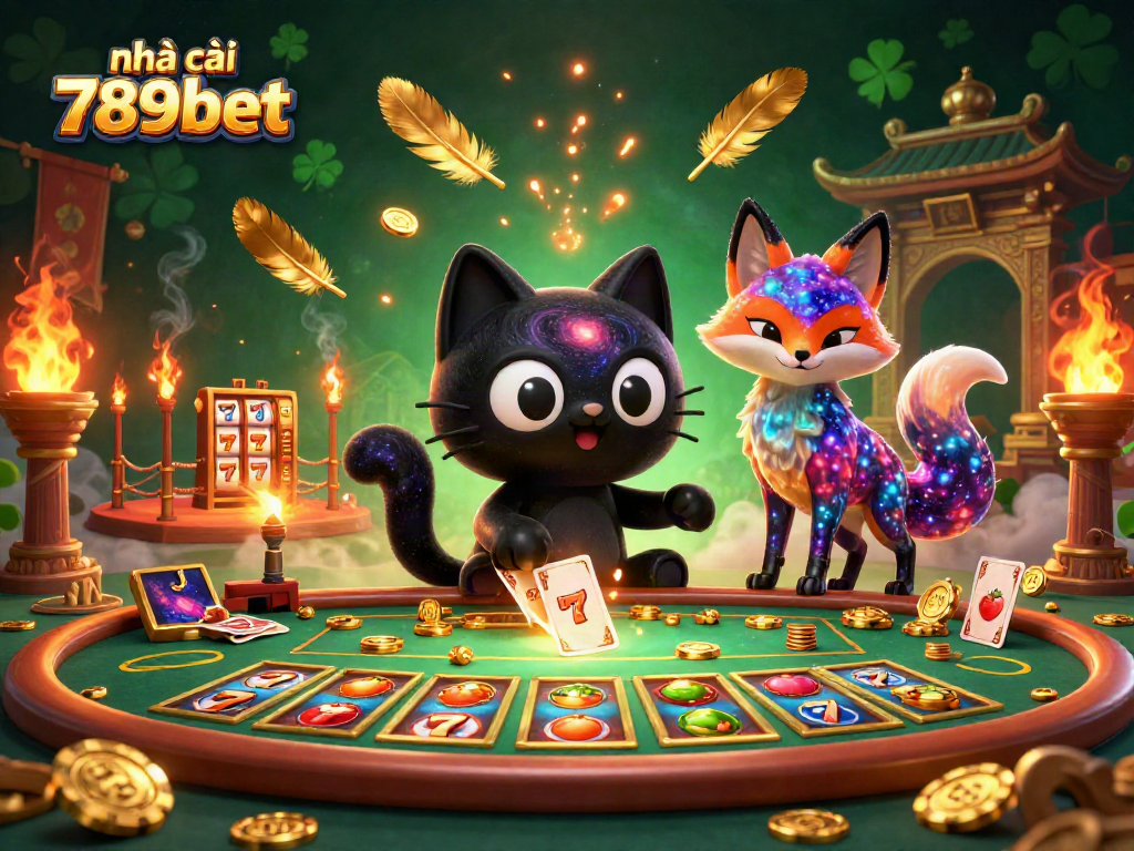 Engage with nhà cái 789bet's vibrant cosmic casino atmosphere featuring a black hole cat and nebula fox.