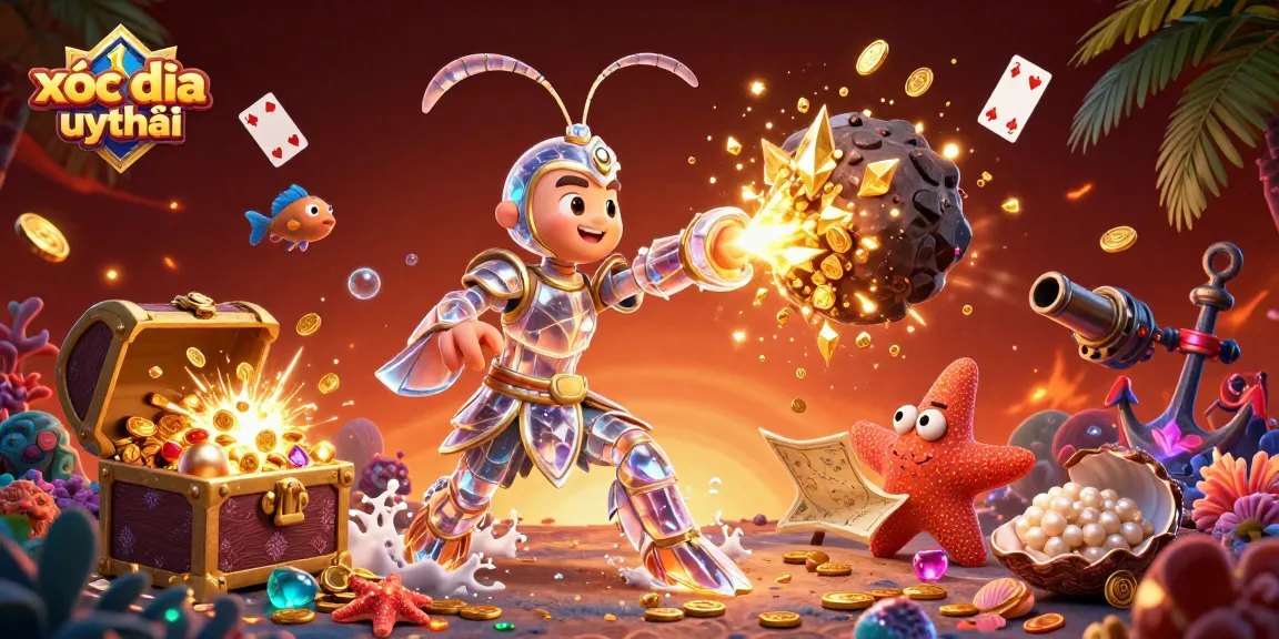 Xóc đĩa uy tín game illustration with vibrant characters, treasures, and casino elements alive in a dynamic scene.