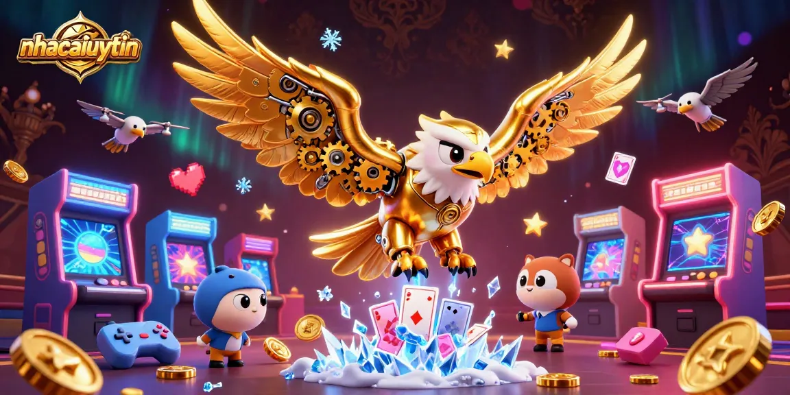 Engage with nhacaiuytin as a golden eagle dives amid dynamic casino elements, illustrating the thrill of gaming.