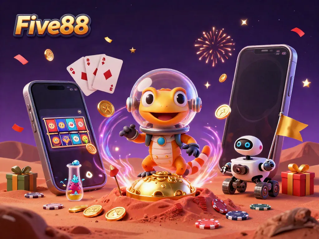 Experience excitement at Five88 with a Martian gecko and robot in a rich casino environment.