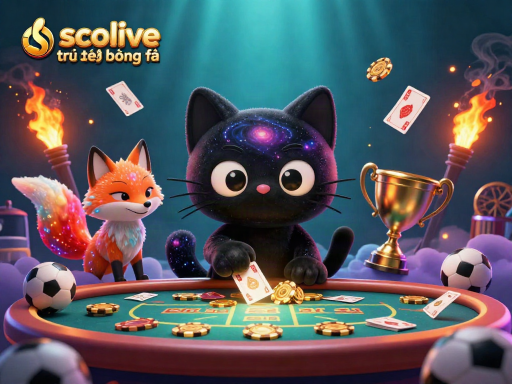 Socolive trực tiếp bóng đá features a 3D black hole cat at a cosmic casino table, attracting golden chips and sports balls in vibrant, ultra-detailed 8K quality.