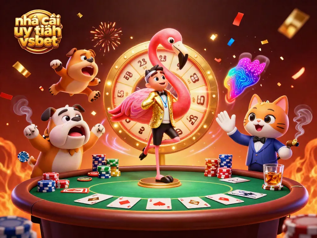 Engaging scene with nhà cái uy tín vsbet showcasing a colorful prize wheel and animated characters celebrating gaming triumphs.